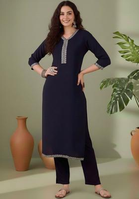 Navy Blue Solid Silk Kurta Set