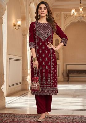 Maroon Printed Velvet Kurta Set