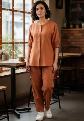 Orange Solid Cotton Kurta Set