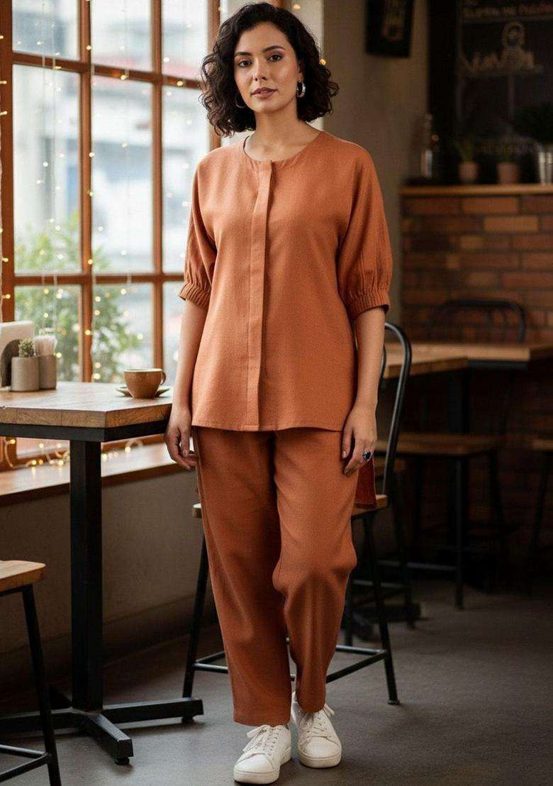 Orange Solid Cotton Kurta Set - Indya