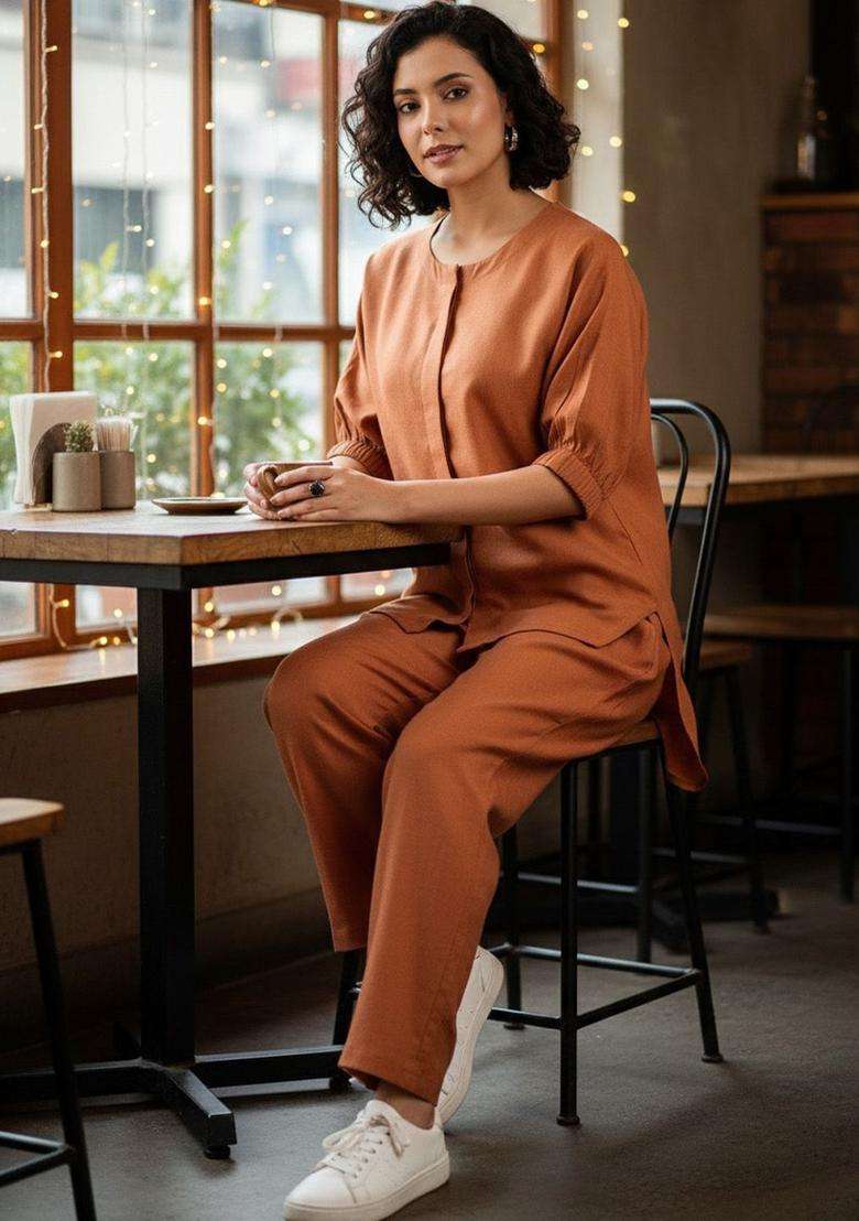 Orange Solid Cotton Kurta Set - Indya