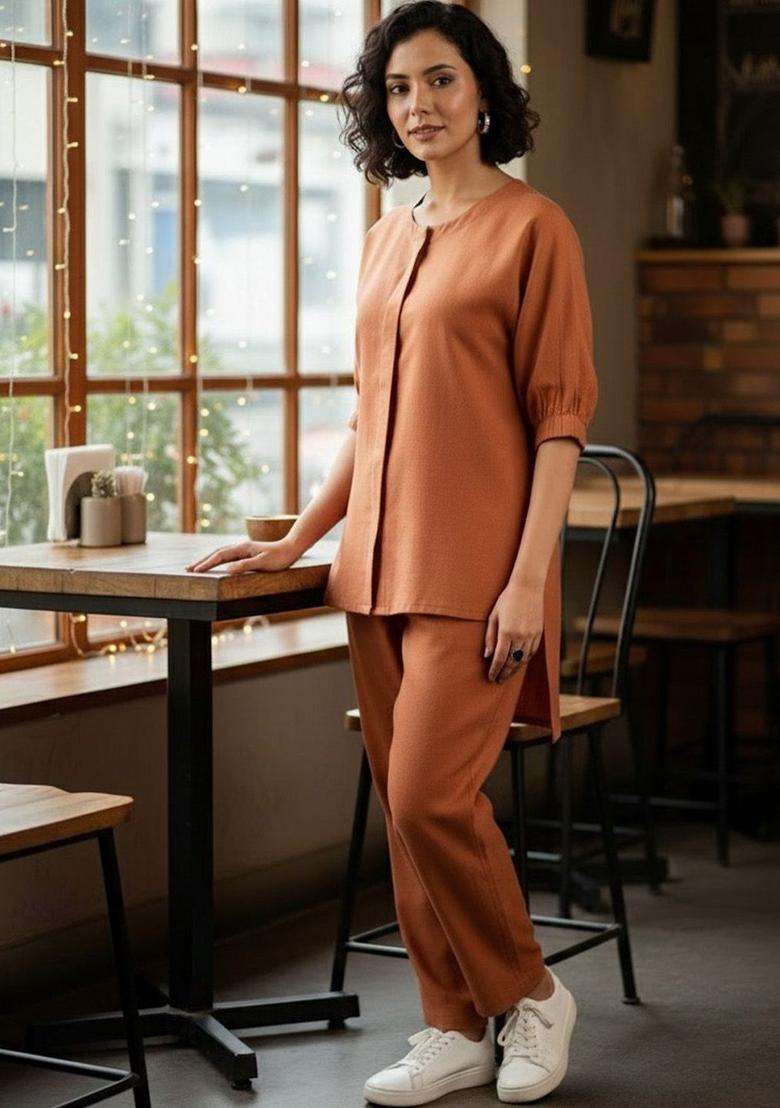 Orange Solid Cotton Kurta Set - Indya