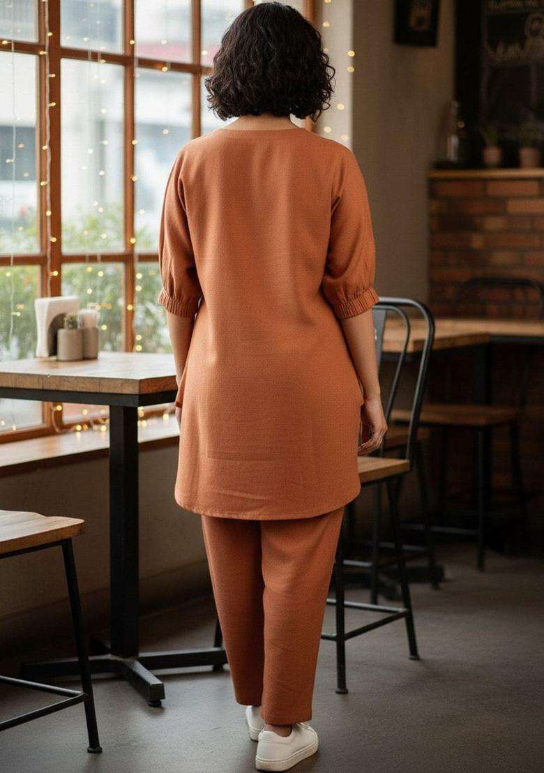 Orange Solid Cotton Kurta Set - Indya