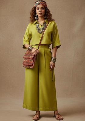 Lime Green Solid Cotton Kurta Set