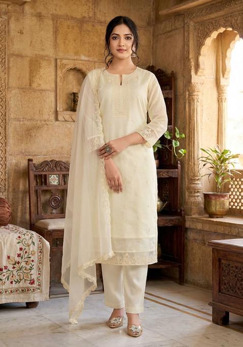 White Embroidered Cotton Kurta Set