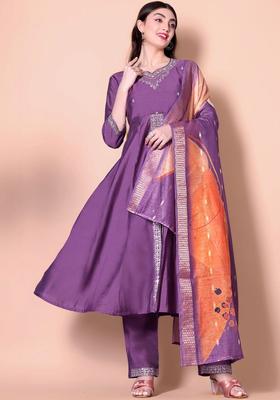 Purple Solid Silk Blend Kurta Set