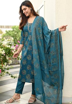Teal Printed Cotton Kurta Set