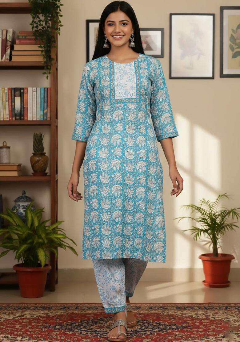Turquoise Blue Printed Cotton Kurta Set - Indya