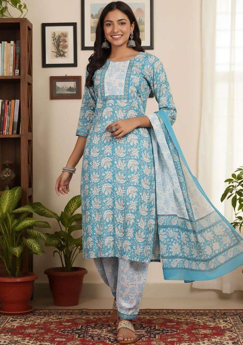 Turquoise Blue Printed Cotton Kurta Set - Indya