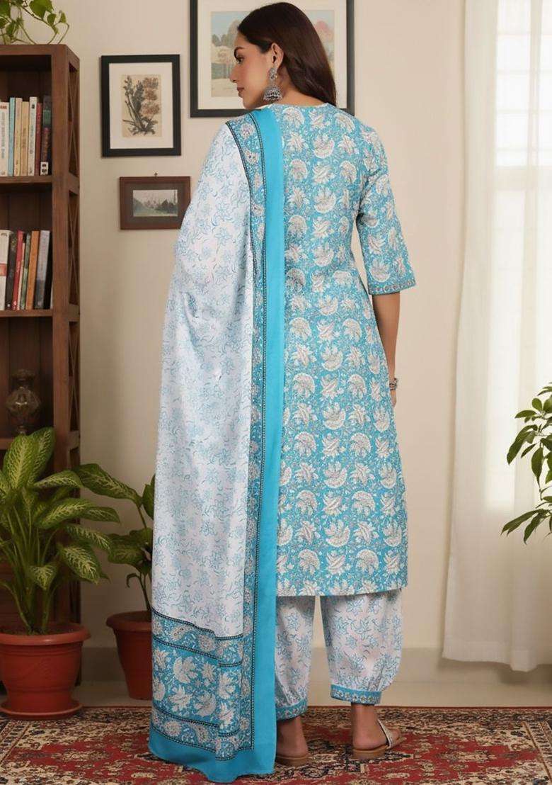 Turquoise Blue Printed Cotton Kurta Set - Indya