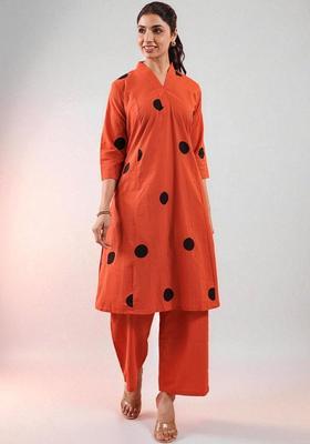 Orange Printed Cotton Kurta Set