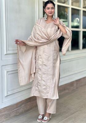 Beige Embroidered Silk Kurta Set