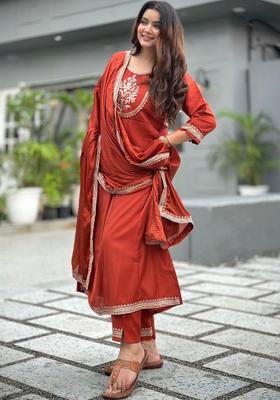 Rust Embroidered Silk Anarkali Set