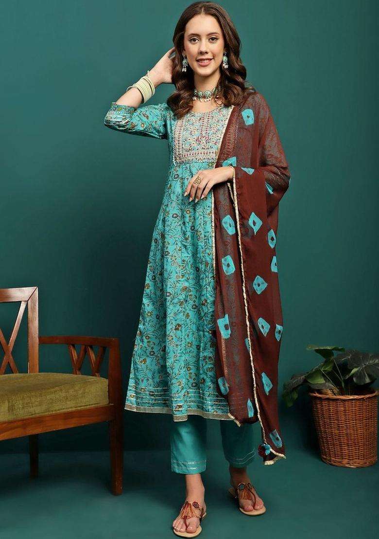 Turquoise Blue Printed Cotton Kurta Set - Indya
