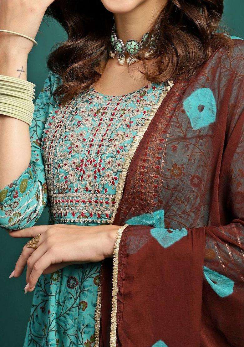 Turquoise Blue Printed Cotton Kurta Set - Indya