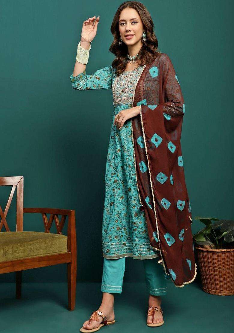 Turquoise Blue Printed Cotton Kurta Set - Indya