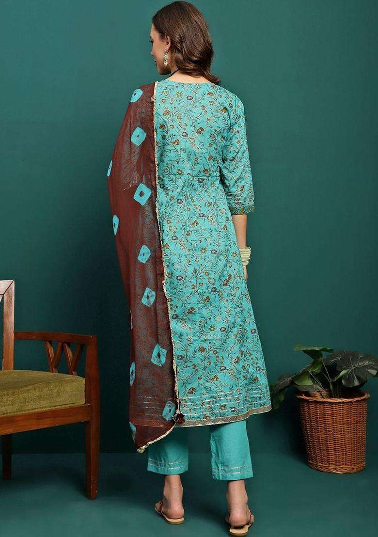 Turquoise Blue Printed Cotton Kurta Set - Indya
