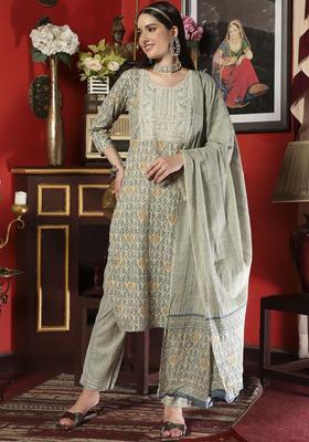 Beige Printed Cotton Kurta Set