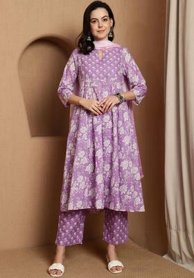 Lavender Printed Cotton Kurta Set