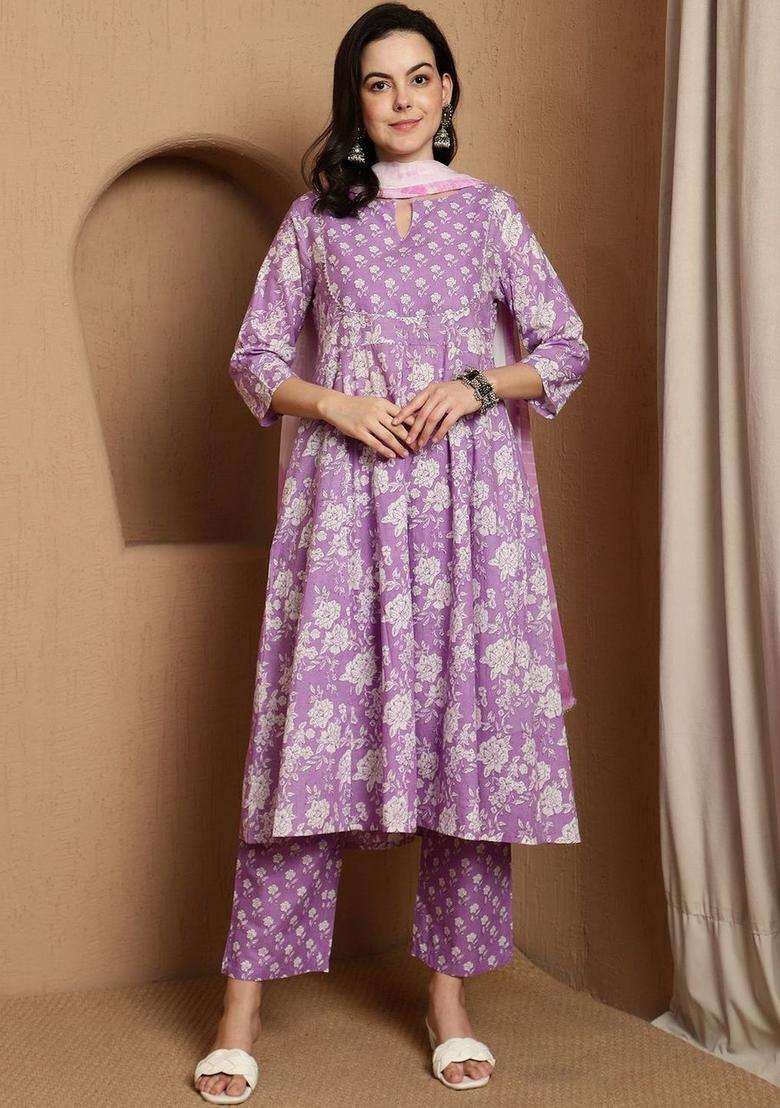 Lavender Printed Cotton Kurta Set - Indya