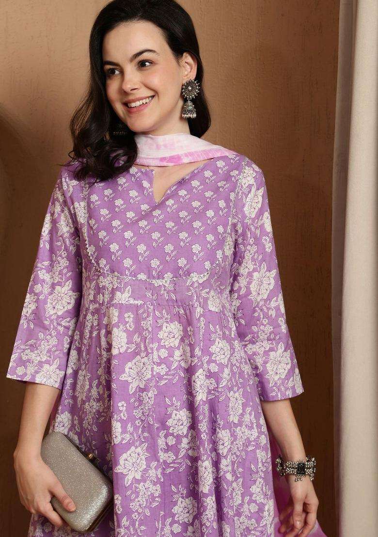 Lavender Printed Cotton Kurta Set - Indya