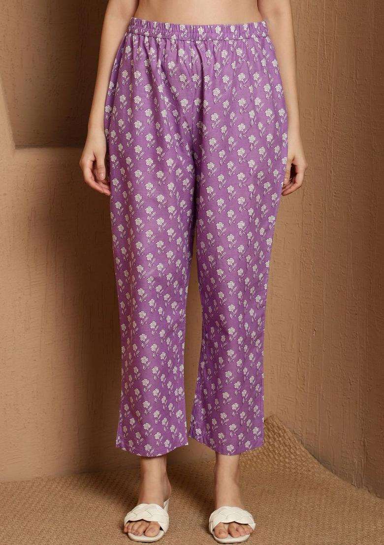 Lavender Printed Cotton Kurta Set - Indya