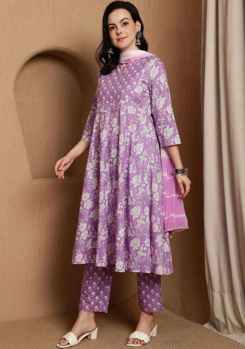 Lavender Printed Cotton Kurta Set - Indya