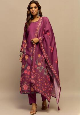 Purple Printed Silk Blend Kurta Set