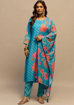 Turquoise Blue Printed Silk Kurta Set