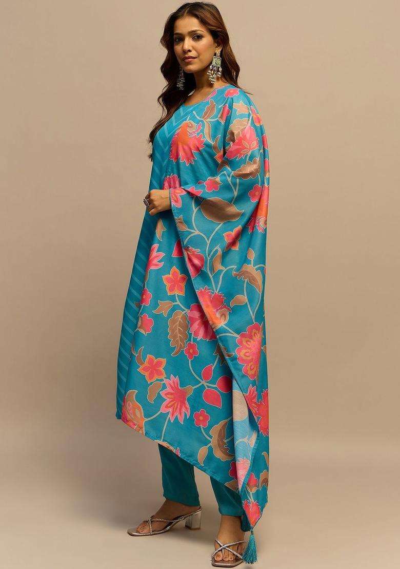 Turquoise Blue Printed Silk Blend Kurta Set - Indya