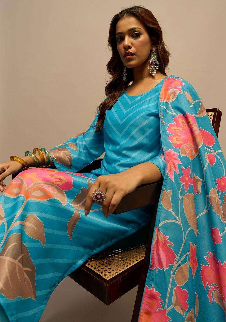 Turquoise Blue Printed Silk Blend Kurta Set - Indya