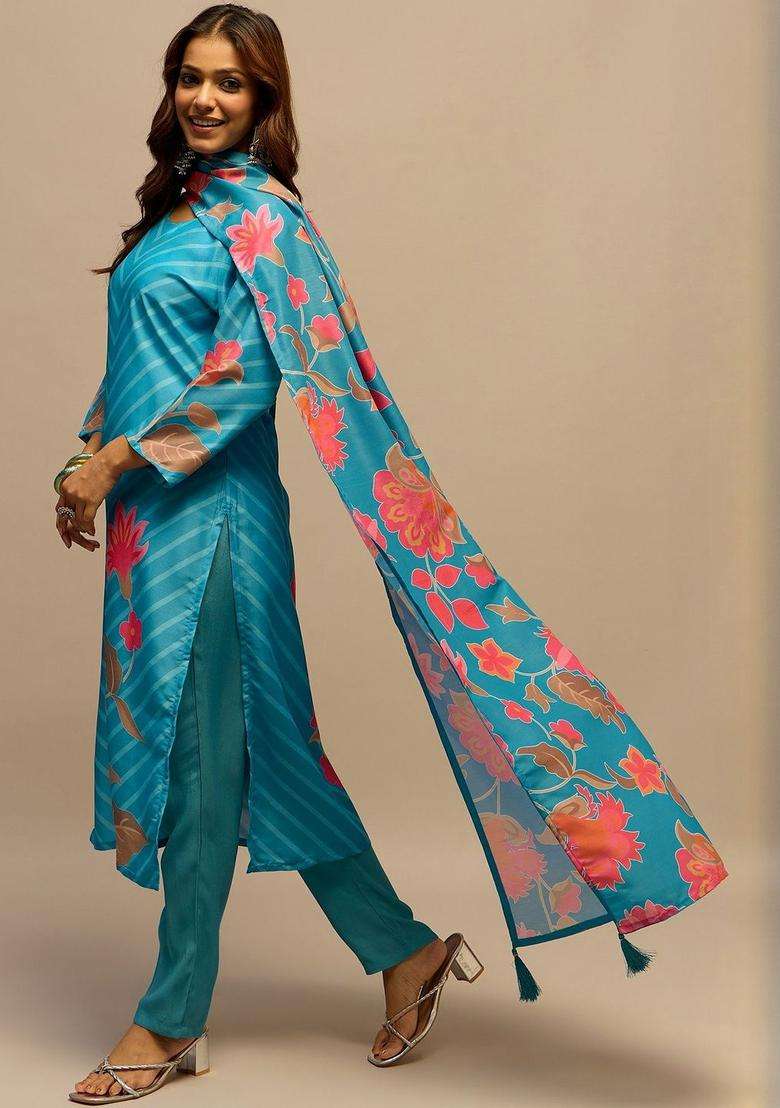 Turquoise Blue Printed Silk Blend Kurta Set - Indya