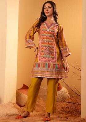 Mustard Printed Silk Blend Kurta Set