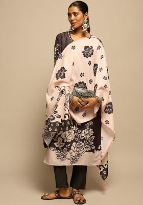 Black Printed Silk Blend Kurta Set
