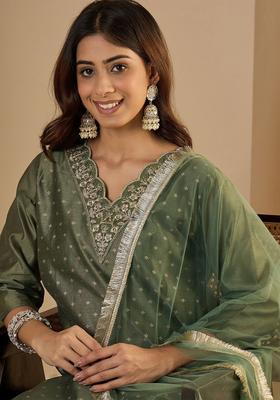 Olive Woven Design Silk Blend Kurta Set