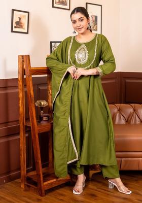 Olive Embroidered Silk Blend Kurta Set