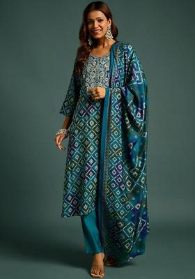 Blue Printed Polyester Kurta Set