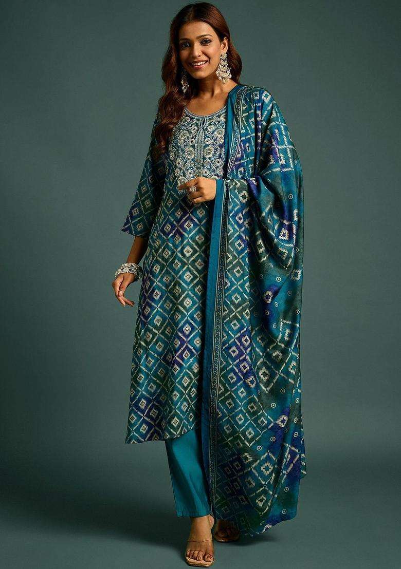 Blue Printed Polyester Kurta Set - Indya