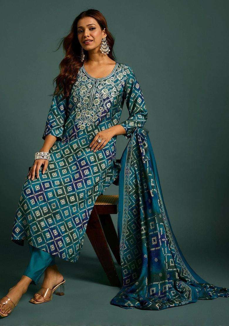Blue Printed Polyester Kurta Set - Indya