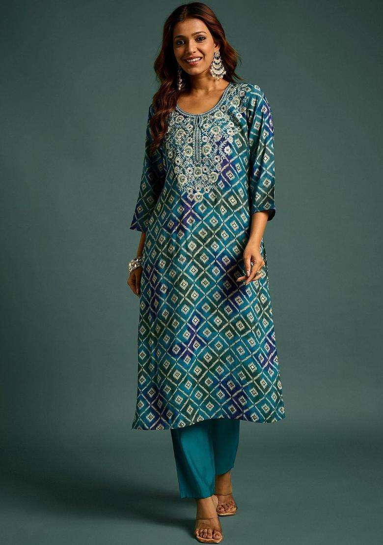Blue Printed Polyester Kurta Set - Indya