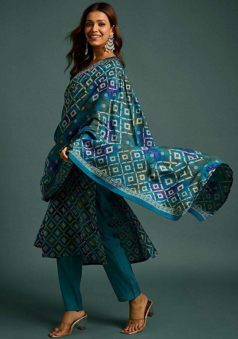 Blue Printed Polyester Kurta Set - Indya