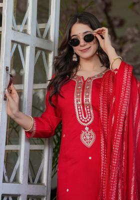Red Embroidered Viscose Kurta Set