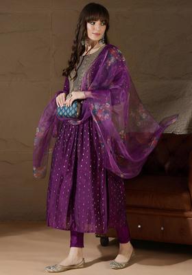 Purple Woven Design Silk Blend Kurta Set