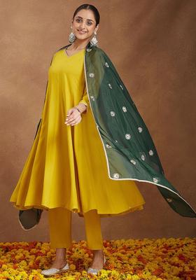 Mustard Solid Viscose Anarkali Set