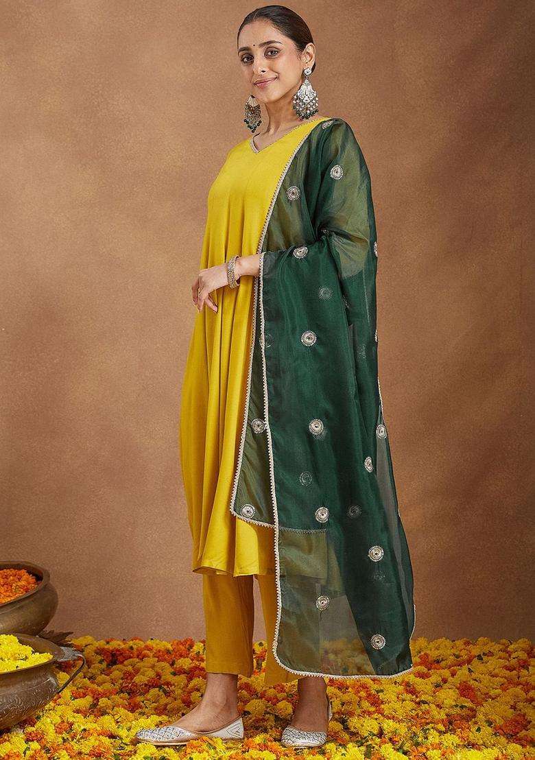 Mustard Solid Viscose Anarkali Set - Indya