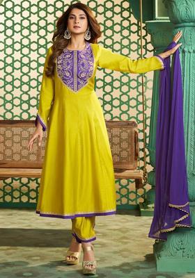 Yellow Solid Silk Blend Anarkali Set
