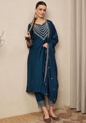 Teal Embroidered Viscose Kurta Set