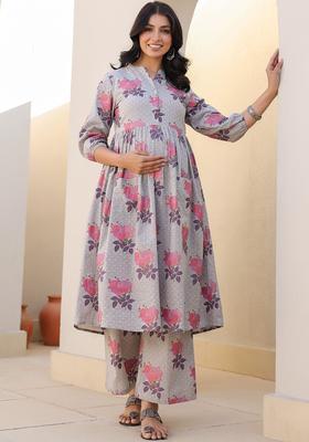 Grey Printed Cotton Kurta Set