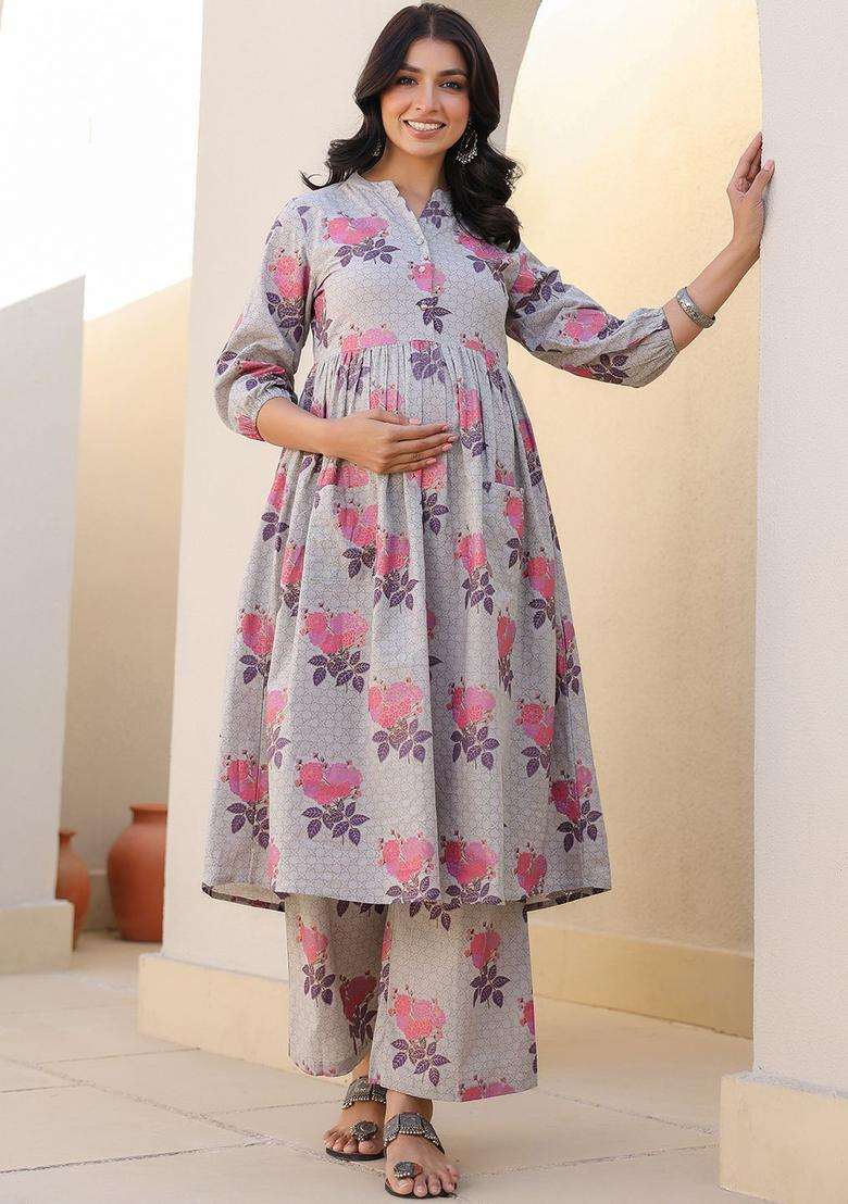Grey Printed Cotton Kurta Set - Indya