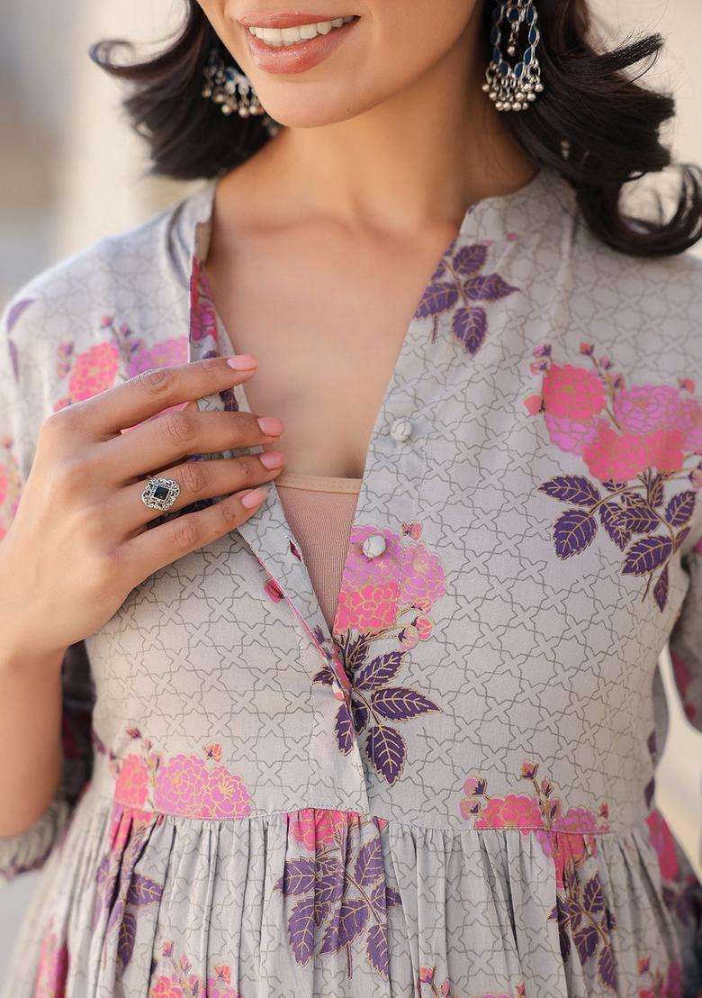 Grey Printed Cotton Kurta Set - Indya